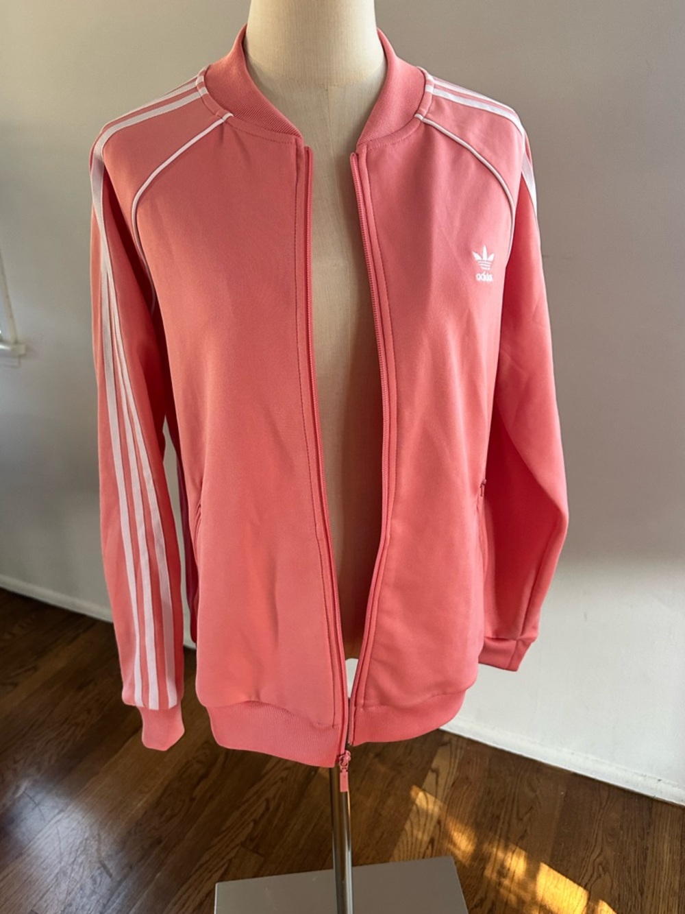 Y2K Adidas Originals Pink Track Jacket Zip-Up Trefoil 3 Stripe Coral